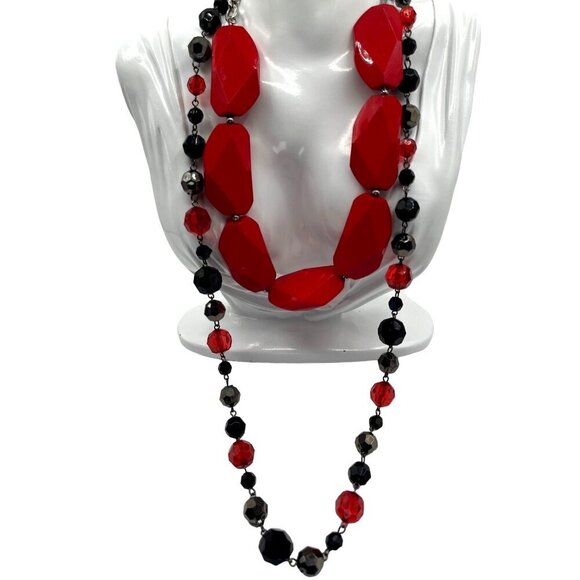 Vintage Red & Black Beaded Statement Necklace  M06 - Picture 1 of 6